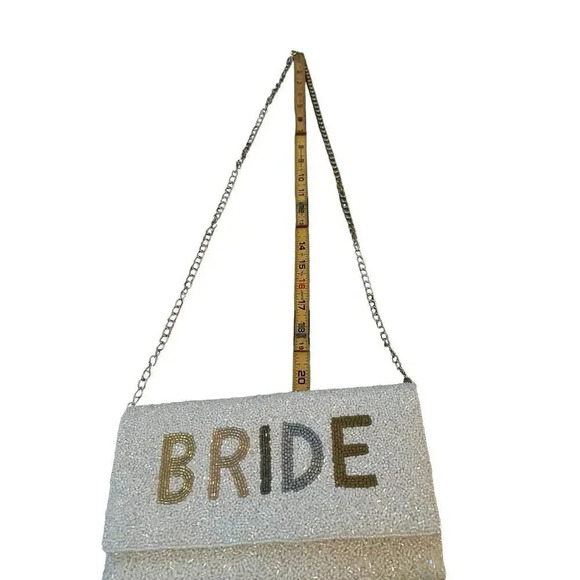 Bride Metallic Beaded Lettered Gold Chain Strap Seed Beaded Clutch Purse - Picture 2 of 9